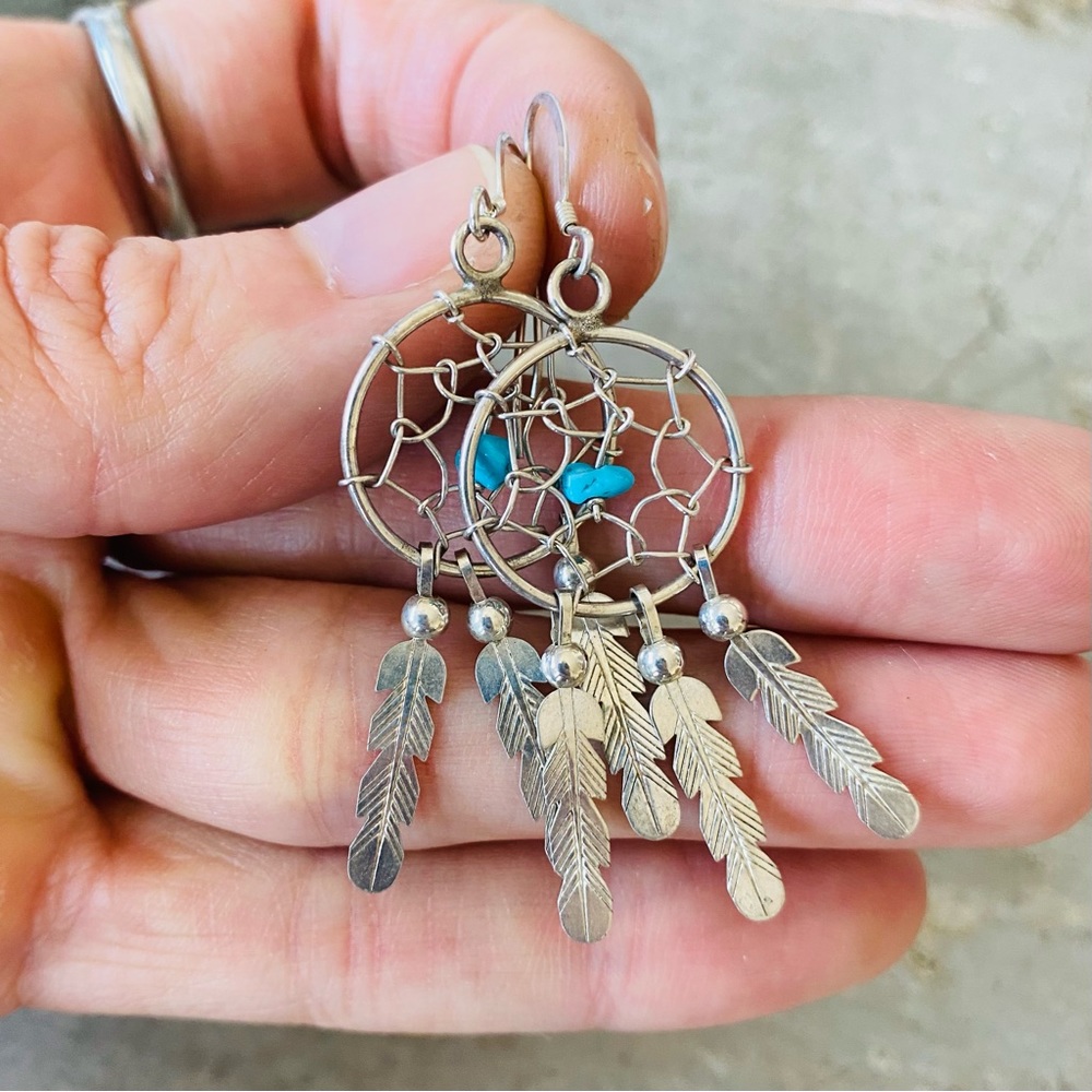 ♥️ Navajo ♥️ Vintage Sterling Silver & Turquoise Dreamcatcher Earrings